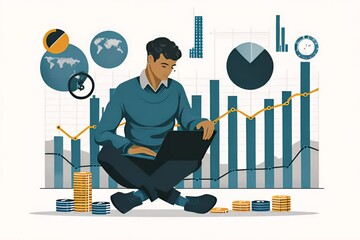 A person with a laptop computer sitting on a financial chart symbolizing startup success, investment growth and planning, self made businessman finance strategy progress	