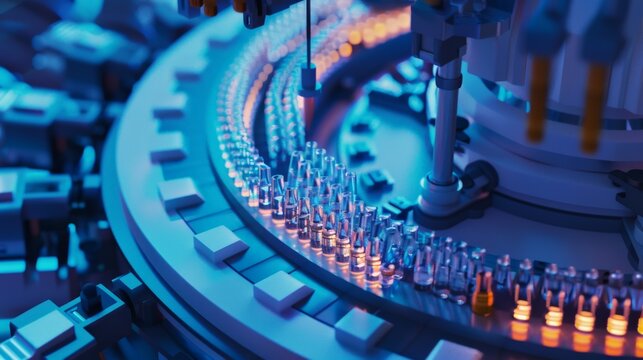 Vials are filled with a liquid on an automated production line.