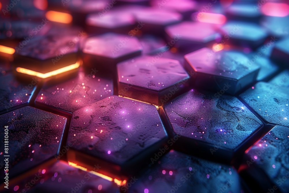 Poster close-up of neon-lit hexagonal tiles with a vivid color gradient and a hint of moisture adding depth