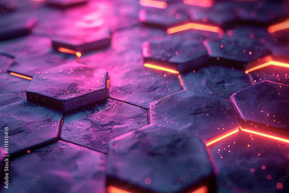 Poster angled perspective of illuminated hexagonal tiles with neon lighting highlighting edges and textures
