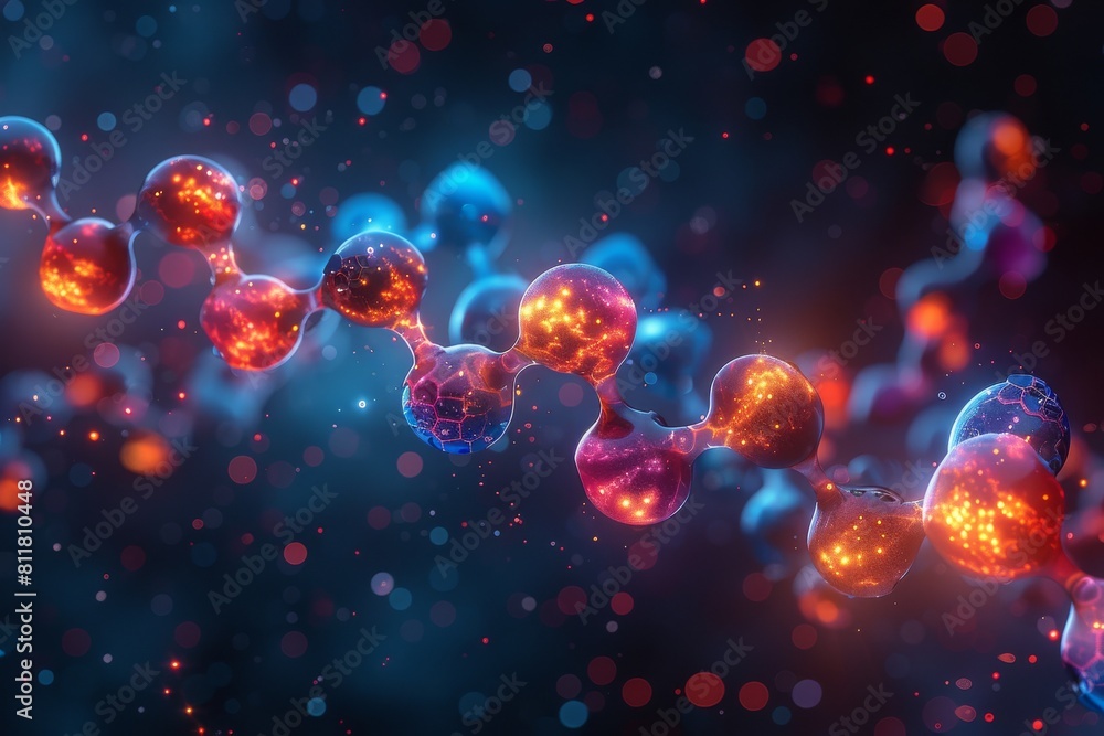 Poster detailed 3d rendering of molecular structures with dynamic lighting and shadows, in a blue-toned abs