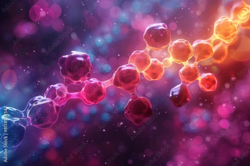 Poster a digital representation of molecules in a 3d space with vibrant colors and a bokeh effect, symboliz