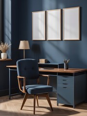 Mockup frame in dark home office interior background, interior mockup design, frame mockup