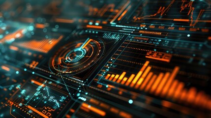 Financial Intelligence: Business charts and graphs overlaid with futuristic HUD elements.