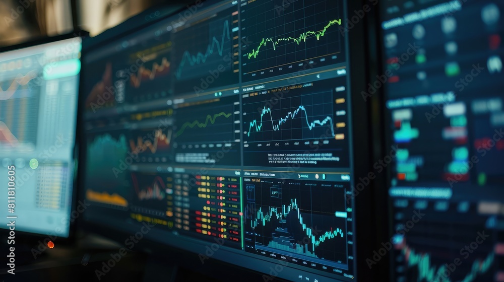 Poster financial technology: close-up of a computer monitor showing real-time market data.
