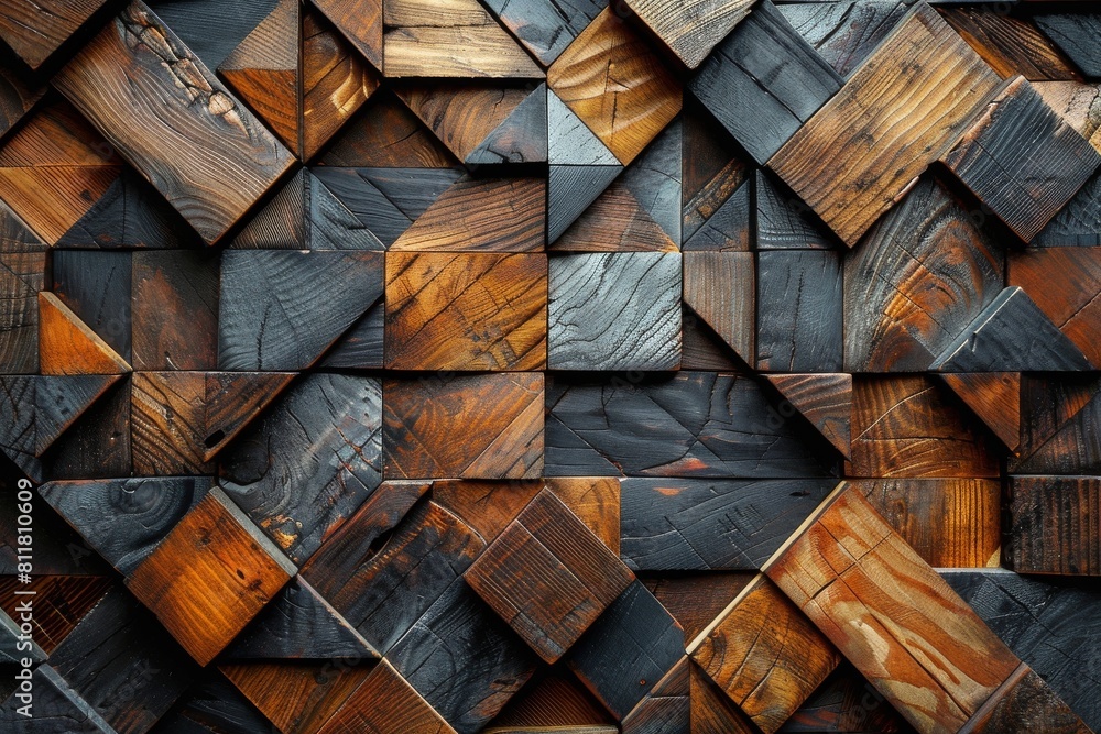 Poster this detailed image shows a close-up of a triangular wooden wall design with diverse grain patterns 