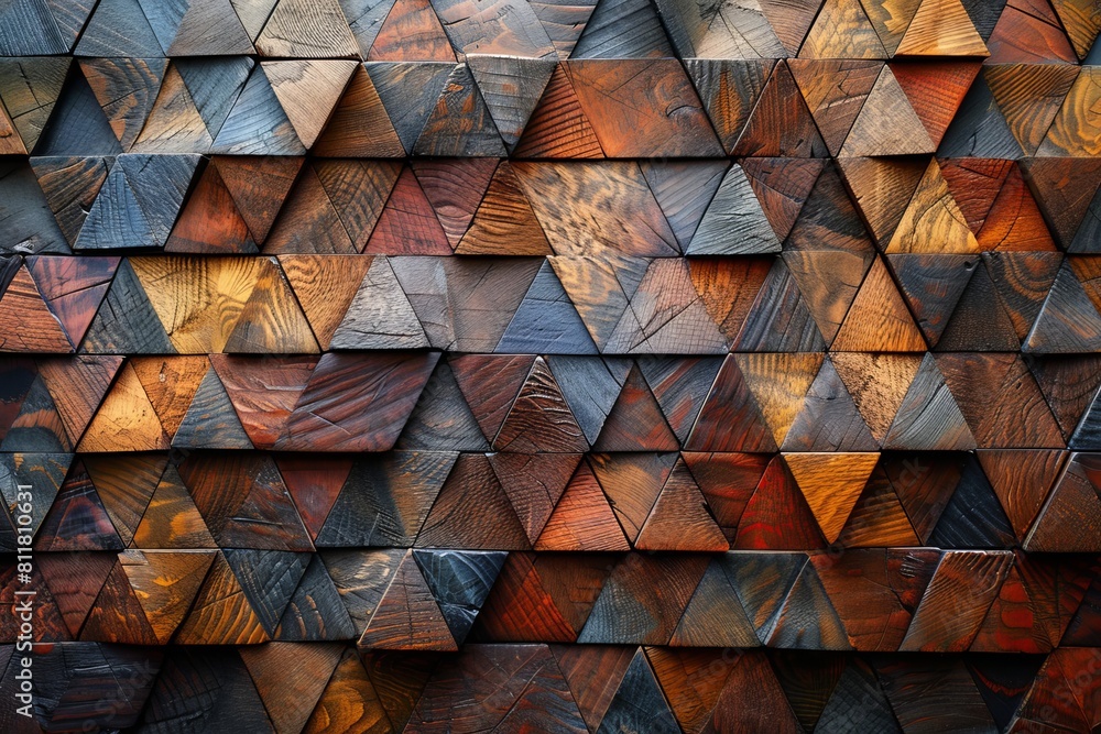 Poster a full-frame image displaying a geometric arrangement of triangular wooden pieces with varying wood 