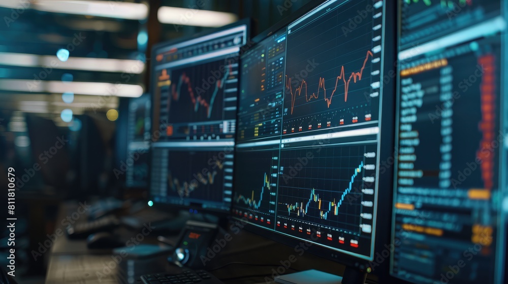 Poster financial technology: close-up of a computer monitor showing real-time market data.