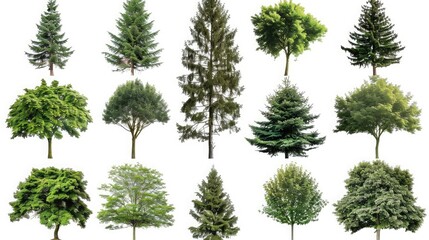 Forest Assortment: Various tree species isolated on a pure white background.
