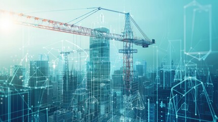 Future Skyline: Construction crane overlaying digital renderings of skyscrapers.
