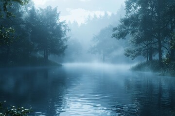 Serene blue waterscape with silhouetted trees shrouded in morning fog, invoking a peaceful solitude