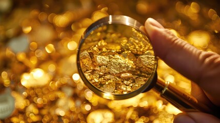 Golden Opportunity: Hand holding a magnifying glass focusing on climbing gold prices.