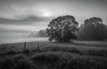 The morning fog rolls in, the landscape black and white photograph, Generative AI