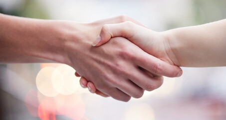 People, deal and handshake with closeup in outdoor for service, networking or thank you with sale....