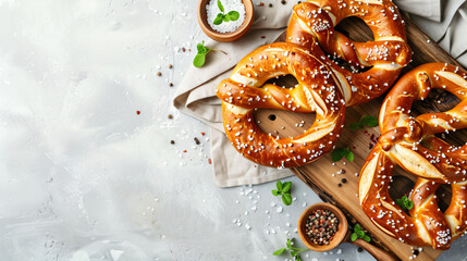 Wooden board with tasty pretzels and sea salt on light