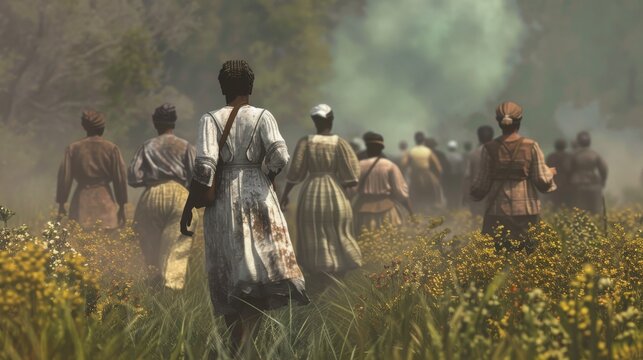 Innovative 3D visualization of Harriet Tubman leading others to freedom, highlighting her bravery and determination. --ar 16:9 Job ID: 5eb01437-826a-44d8-a3ed-f44206d624f5