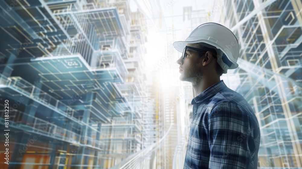 Aufkleber modern architecture: engineer overlaid with abstract building designs.