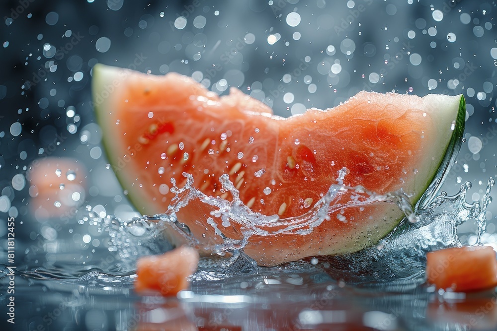 Poster fresh watermelon slice with splashing water droplets on a reflective surface creating a dynamic and 