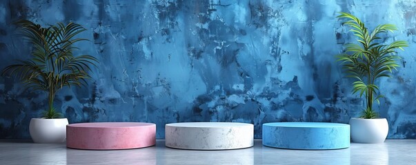 Design a set of blank mockup podiums that include augmented reality features, where hovering a device over the podium can display additional product information or animations