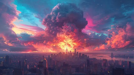 Obraz premium Nuclear falls in the city The apocalyptic mushroom clouds turned into rainbow colors.