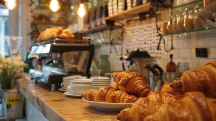 Morning Delight: Croissants and coffee on a cozy bakery counter.
