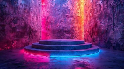 Ecofriendly blank mockup podium constructed from upcycled plastics, featuring integrated solar panels to power builtin display lights