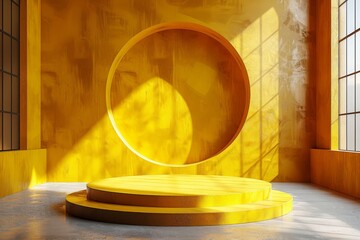 A vibrant yellow room with a large circular wooden centerpiece casting shadows on the walls