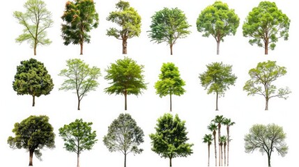 Nature's Array: Collection of various trees isolated against a white backdrop.