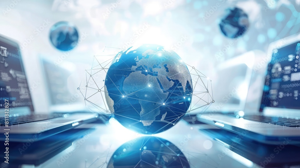 Poster online network: globe surrounded by digital devices symbolizing internet connectivity.