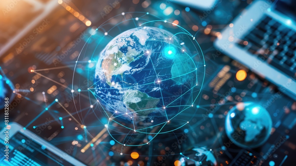 Poster online network: globe surrounded by digital devices symbolizing internet connectivity.