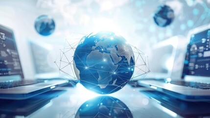 Online Network: Globe surrounded by digital devices symbolizing internet connectivity.