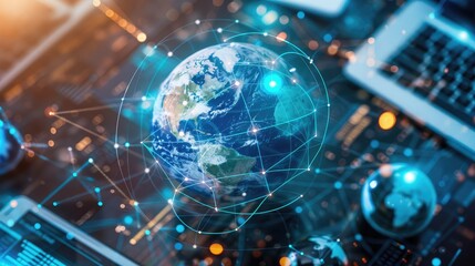 Online Network: Globe surrounded by digital devices symbolizing internet connectivity.