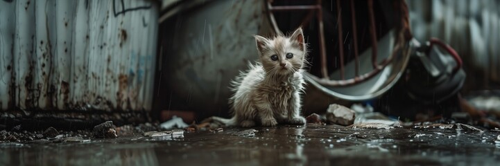 A small kitten is sitting in a puddle of water