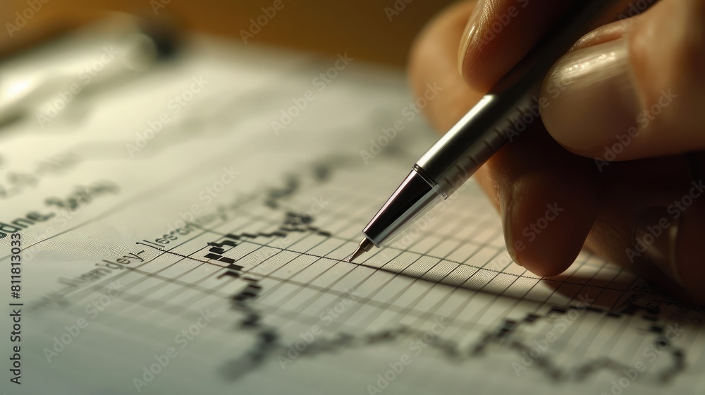 Poster performance analysis: close-up of a hand with pen on a growth graph.