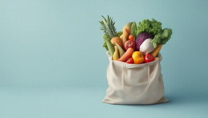 vegetables and fruits in a cloth shopping bag on a light blue background, copy space for text. 