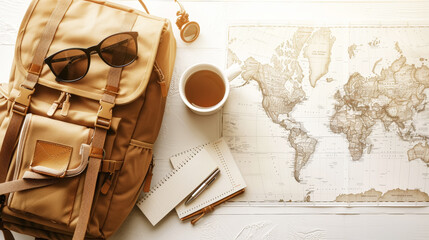 Backpack, sunglasses, map on light aesthetic background. Vacation trip planning concept. Travel template. Generative AI