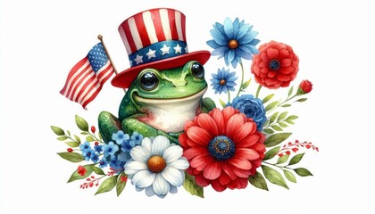 Frog 4th July Watercolor Memorial Day Clip Art Celebration USA (United State) Art Cute Cartoon For Independence Day Animal Patriotic with American Flag
