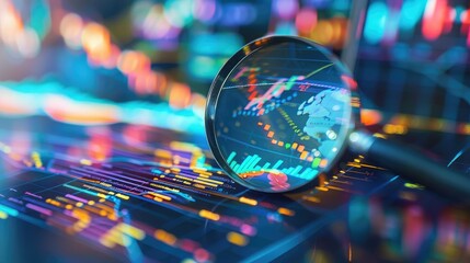 Fototapeta premium Profit Visualization: A magnifying glass focusing on a graph's peak.