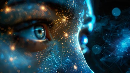Futuristic Digital Human Face with Glowing Data and Code - Technology Concept of AI and Automation, Artificial Intelligence in business processes