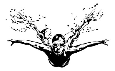 Dynamic black and white illustration of a swimmer diving gracefully into water, creating a splash.