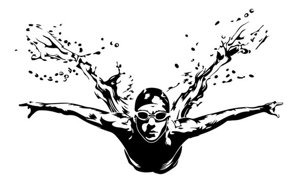 Dynamic black and white illustration of a swimmer diving gracefully into water, creating a splash.