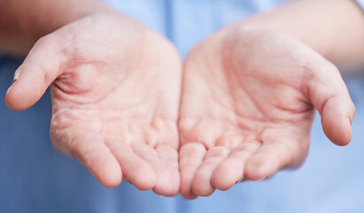 Person, hands and palm or donation asking for charity community or giving, begging or kindness....