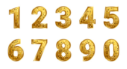 Set of luxury gold number 1 2 3 4 5 6 7 8 9 10 digits collections with shiny golden dots for anniversary and sale