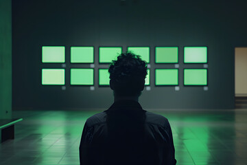  a man looking at 6 pictures on a wall of a museum