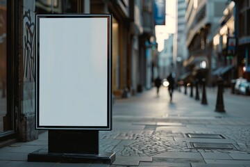 A large white sign is standing on a sidewalk in a city