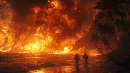 Fototapeta premium Florida wildfires, firefighters' panic, palm trees, crashing ocean waves. chaotic background