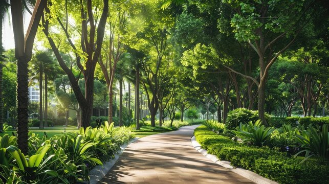 Urban Greenery: City park with lush trees and walking paths.