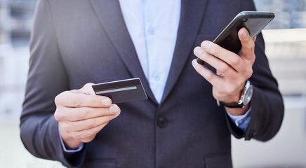 Businessman, credit card and hands in city with smartphone for online shopping, mobile banking and...