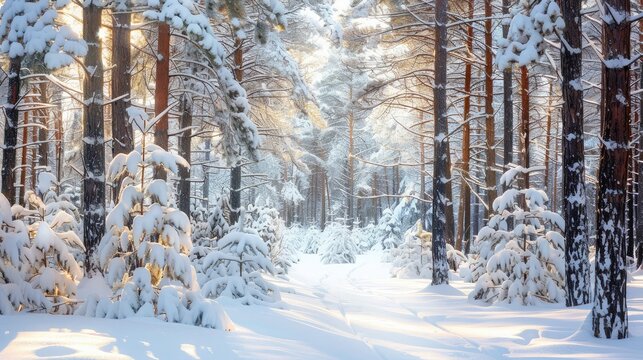 Winter Wonderland: Snow-covered pine trees in a tranquil forest.