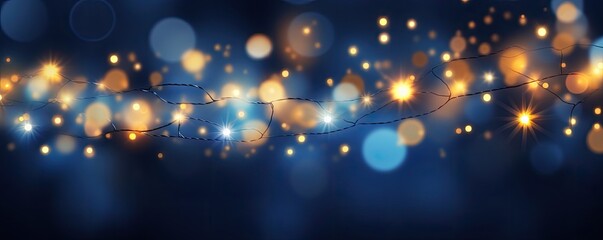 Twinkling Fairy Lights: Magical Ambiance with Soft Bokeh Over Blue Background